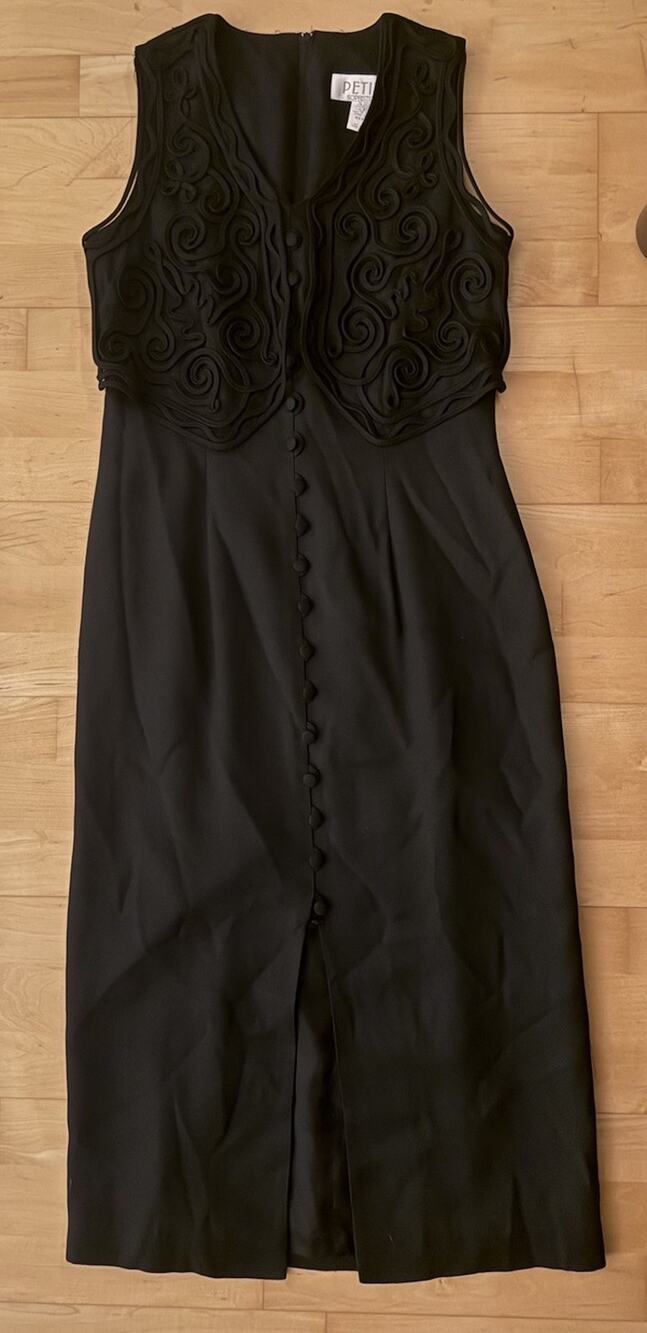 VTG Petite Sophisticate Black Button Front Midi Dress Lace Vest Attached 8